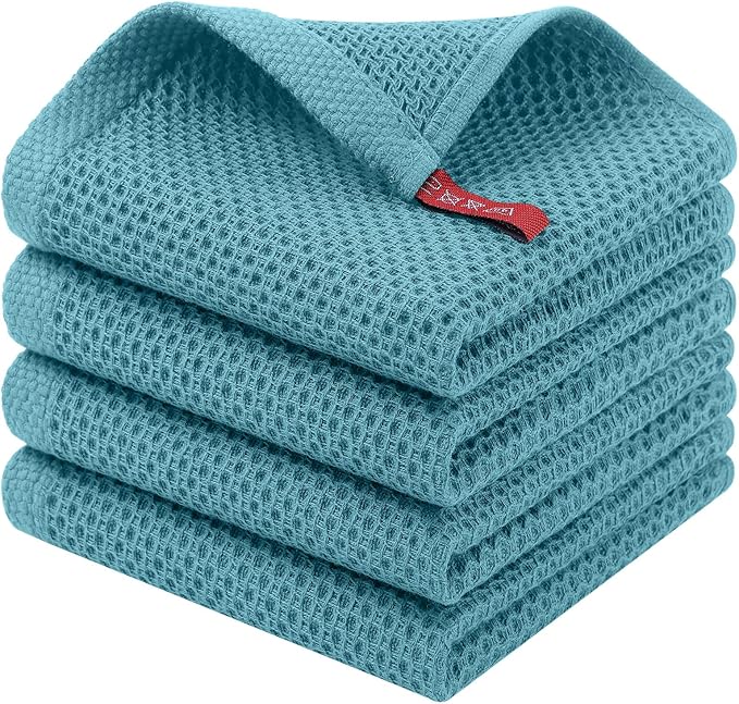 Homaxy 100% Cotton Waffle Weave Kitchen Dish Cloths, 4-Pack Ultra Soft Absorbent Dish Towels, Quick Drying Dish Rags, 12 x 12 Inches, Lake Blue