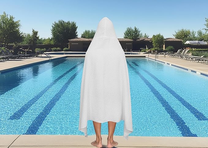 COTTON CRAFT Hooded Bath Towel – Oversized 35 x 70 Waffle Weave Towel with Hood for Adults - 100% Ringspun Cotton Pool Bath Sheet Wrap with Hood - Soft Super Absorbent Quick Dry – 450 GSM – White