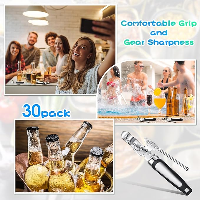 Gisafai 30 Pcs Can Opener Manual Bulk Smooth Edge with Sharp Blade and Soft Non Slip Grip Handle Heavy Duty Handheld Safety Can Opener, Black and Silver