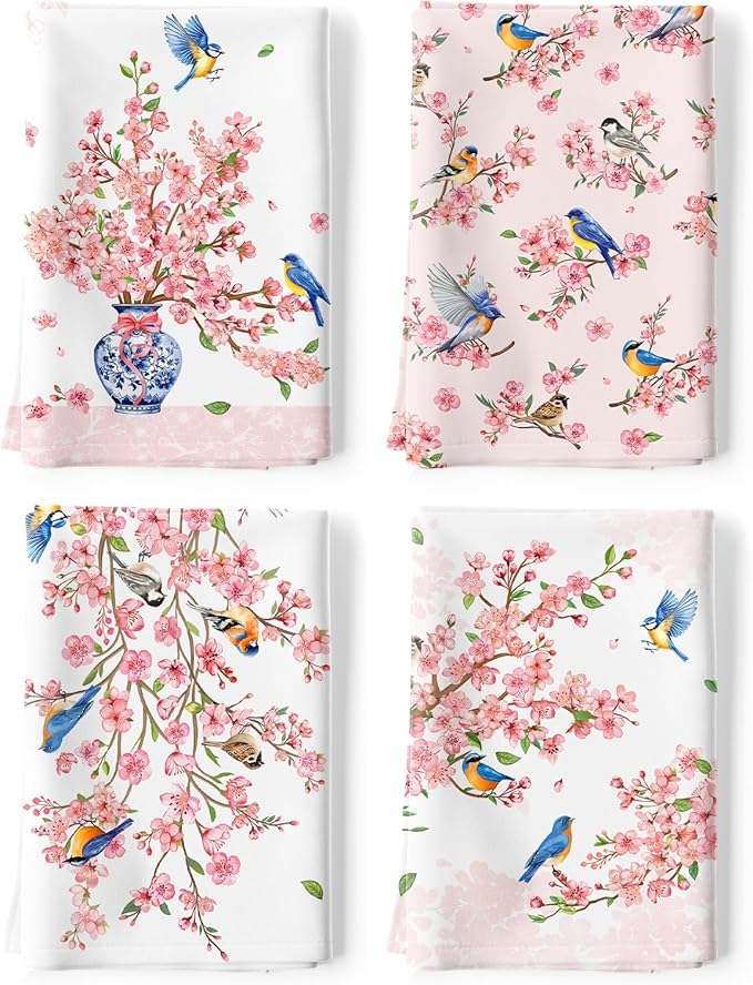 Pink Flower Blossom Tea Towels 100% Cotton Quick Dry Kitchen Towels, 18.9 x 27.5'' Absorbent Dish Cloth for Kitchen Home Decor, Housewarming, Birthday Gifts for Mom, Set of 4