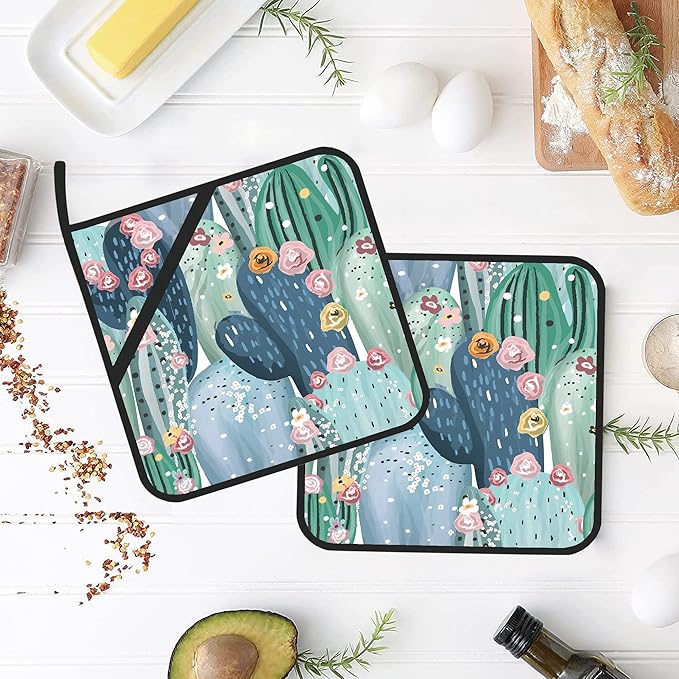 Pastel Cactuses,Succulents,Cacti Pot Holders Set of 2 Kitchen Heat Resistant Potholder for Microwave Cooking Baking Oven End Dishes and BBQ