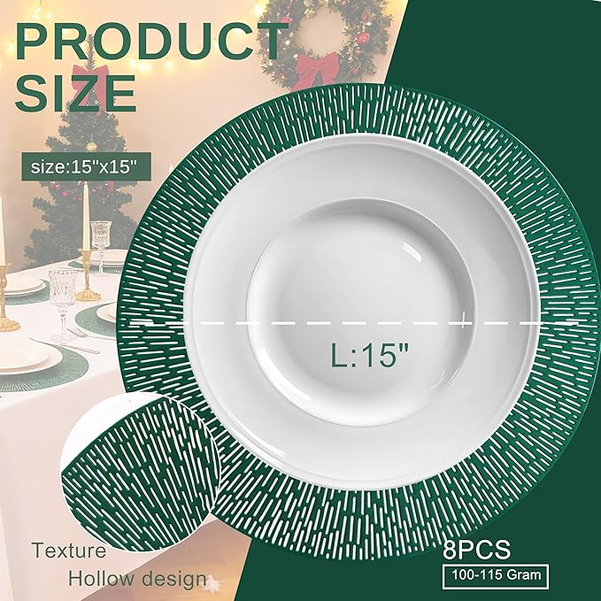 Snowkingdom Green St. Patrick's Day Placemats Set of 8, Vinyl 15 Inch Round Emerald Green Place Mats, Easter Washable Wipeable Non Slip Kitchen Dining Hollow Table Mats for Wedding Party Decor