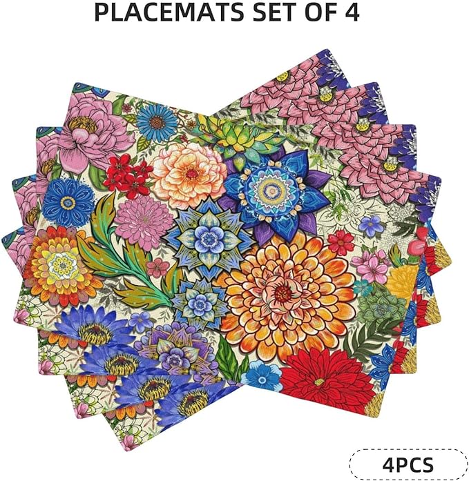 Boho Floral Linen Placemats Set of 4, 12x18 Inch Colorful Bohemian Flower Table Mats, Washable Non-Slip Heat Resistant Dining Mats for Kitchen Home Party Farmhouse, Spring Easter Festival Home Decor