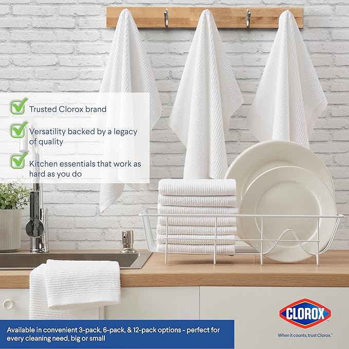 CLOROX Ribbed Bar Mops - 100% Cotton Quick Dry Extra Large Dishcloths - Absorbent Multipurpose Cleaning Cloths for Restaurants, Kitchen, Bathroom, Hotel - 16" x 19" - White 6 Pack
