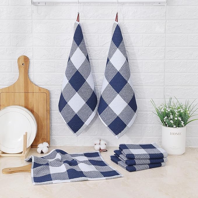 Mordimy 100% Cotton Waffle Weave Plaid Dish Cloths, 12 x 12 Inches, Super Soft and Absorbent Quick Drying Buffalo Check Dish Rags for Kitchen, 6-Pack, White & Navy Blue