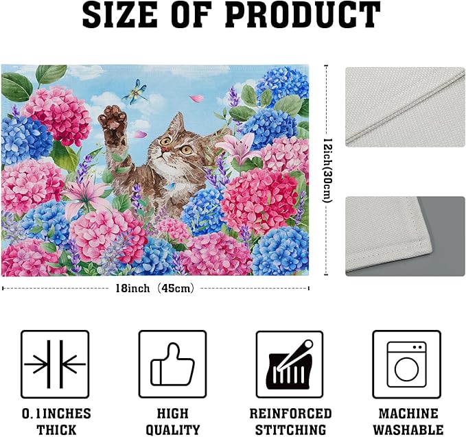 Hydrangea Flowers Cat Spring Placemat Set 12x18 in Seasonal Holiday Table Mats for Party Kitchen Dining Decoration