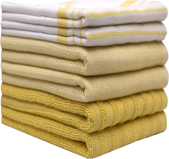 Premium Kitchen Towels (20”x 28”, 6 Pack) | Large Cotton Dish Towels | Flat & Terry Highly Absorbent Kitchen Linen Set with Hanging Loop | Yellow Striped