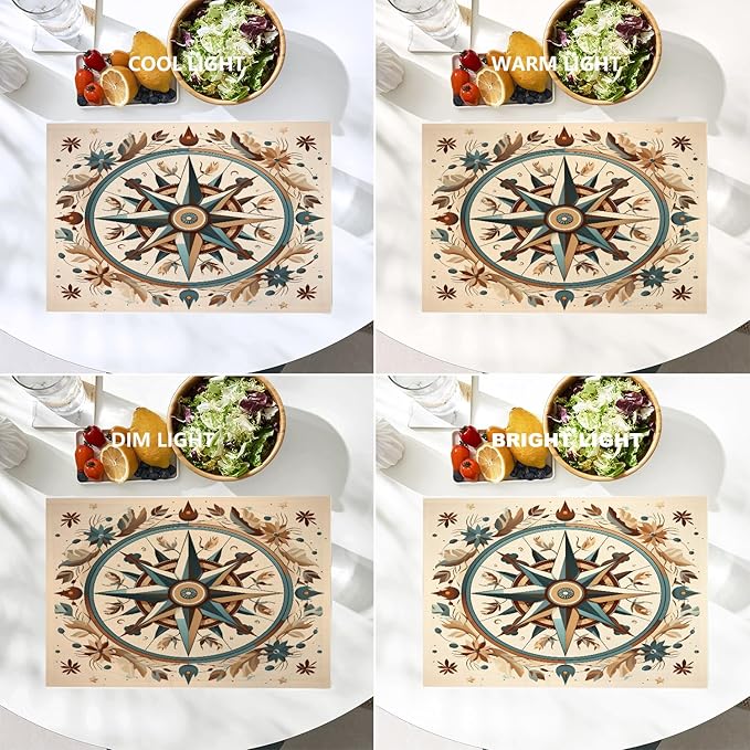 Batmerry Compass Rose Placemats, Floral Themed Design Washable Linen Table Mats for Kitchen Table Double Insulation Decor Dining Set Indoor Outdoor 12X18 in Set of 8