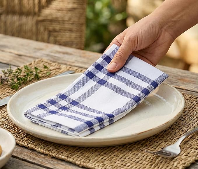 PurpleEssences Homestead Plaid Cloth Napkins - Mitered Corners - Spring Easter Summer - Check Dinner Napkin - Set of 12-100% Cotton - 18x18 Inch - Reusable Washable - Blue and White