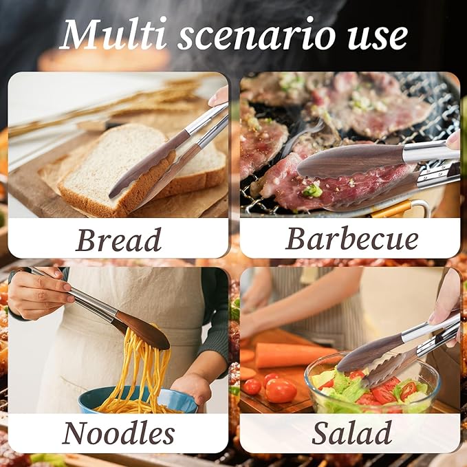 2 Pcs Wooden Tongs for Cooking, 9 & 10 Inch Durable Salad Tongs with Walnut Wood Tip Multifunctional Stainless Steel Handle Kitchen Tong for Serving Food, Bread, BBQ, Tossing Salad - Lock Dsign