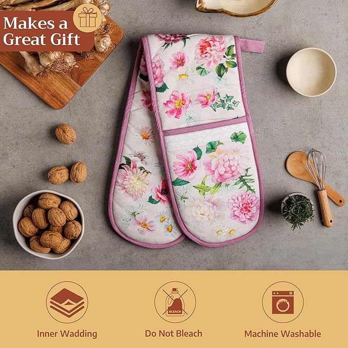 Maison d' Hermine Pivoine 100% Cotton Easter Double Oven Glove with Loop Heat Resistant for BBQ | Cooking | Baking | Grilling | Microwave | Barbecue | Spring/Summer (7.5 Inch by 35 Inch)