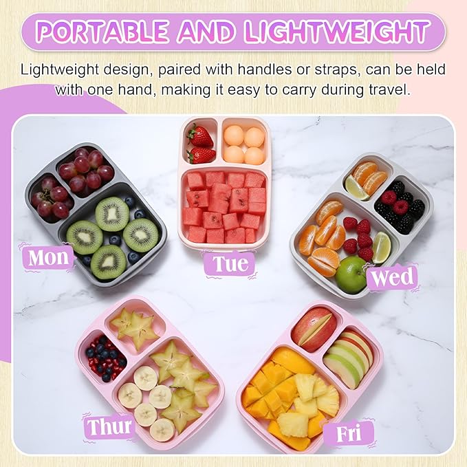 Honeydak 5 Pack Snack Containers 3 Compartment Bento Snack Boxes Divided Meal Prep Containers with Lids Reusable Adults Lunch Food Storage Box for School Work Travel(Creamy Pink Gray)