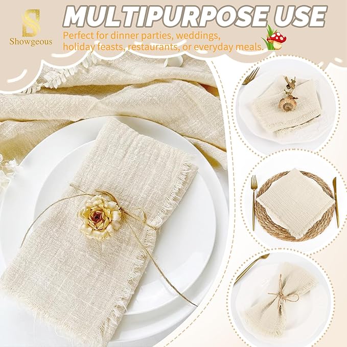 Showgeous 60 Pack Natural Cloth Napkins with Fringe 16x16 inch 100% Cotton Napkins Handmade Dinner Napkins Bulk Washable Soft Rustic Table Napkins for Wedding Parties Bridal Baby Shower