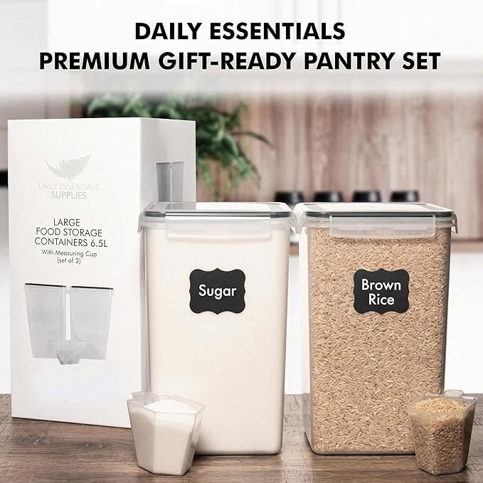 WHITE FEATHER SUPPLIES 2 PC [6.5L / 220 Oz] Large Food Storage Containers with Lids Airtight - BPA Free Clear Plastic Kitchen and Pantry Storage Containers, Bulk Storage for Cereal, Flour, Sugar, Rice