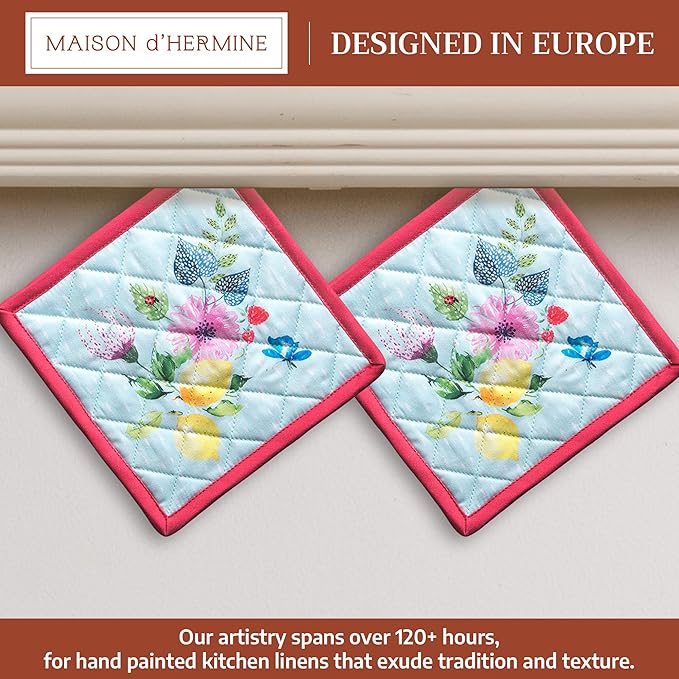 Maison d' Hermine Pot Holders 100% Cotton Heat Resistant Potholders 8" x 8" Hot Pads with Loop BBQ Cooking Gifts for Mothers Day Handling Hot Pans Spring/Summer (Pack of 2, Jardin D'Ete - Mint)