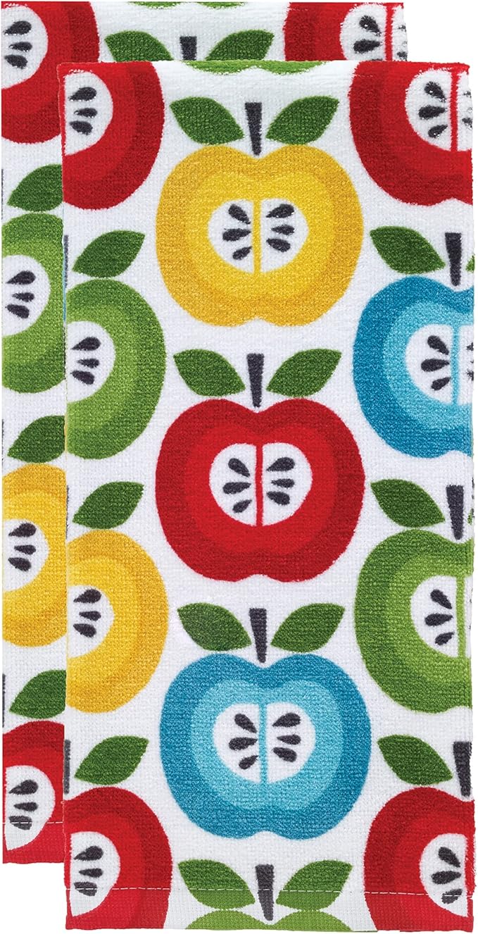 T-Fal Fiber Reactive Print Kitchen Towels: Highly Absorbent, Super Soft - 100% Cotton, 16"x28" Dish Towels for Cleaning & Drying Dishes, Pans, Glassware, or Countertops, 2-Pack, Apples