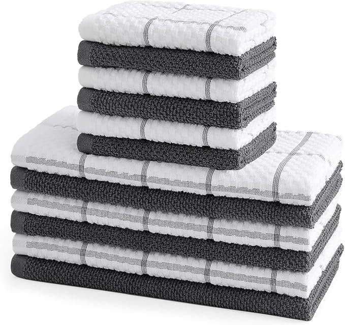 12 Pack Kitchen Towels and Dishcloths Set, 100% Cotton Soft and Absorbent Kitchen Towels 16 x 25 inche & 13 x 13inche Dishcloths