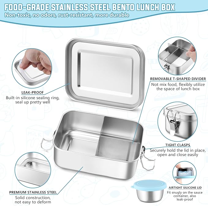 HaWare Lunch Box, 29oz (850ML) Stainless Steel Bento Box with Condiment Container and Carrying Bag, 3 Compartment Food Container for Kids and Adults, Leak-Proof Metal Snack Box, Dishwasher Safe