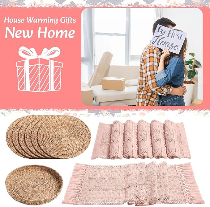 Boho Placemats 4/6/8 Set of Round Woven Placemat Macrame Style Bicolor Stitching Long Table Runner Farmhouse Rustic Natural Burlap Cotton for Kitchen Dining Table(6 Sets,Pink,12x72)