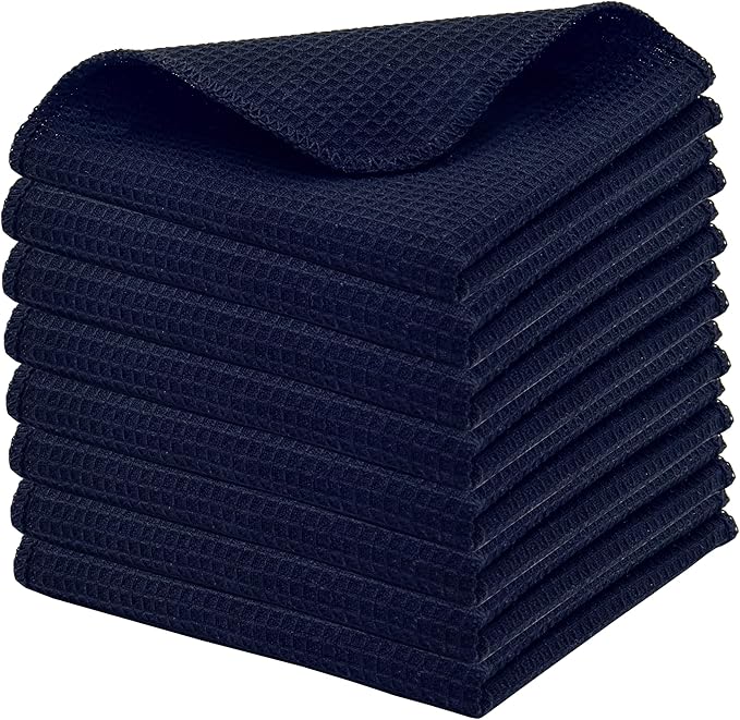PurpleEssences Dish Cloths and Dish Rags - 8 Pack Waffle Weave Solid Kitchen Dish Wash Cloths, 100% Cotton, 12x12 Inches, Ultra Soft Absorbent Quick Drying - Spring Easter Summer - Navy Blue