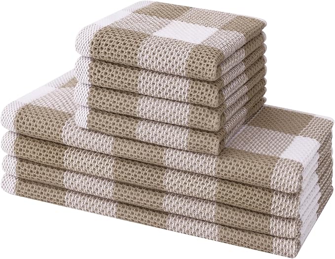 Mordimy Kitchen Towels and Dish Cloths Set, 28 X 13 Inch and 12 X 12 Inch, Set of 8 Soft and Super Absorbent Dish Towels for Drying Dishes, Khaki & White
