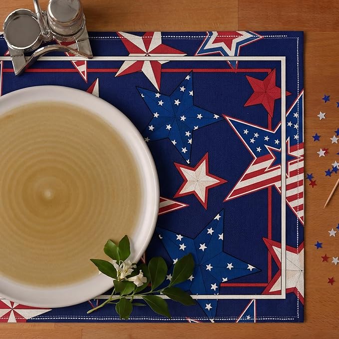 4th of July Red White Blue Star Placemats, USA 250th Anniversary 1776-2026 Independence Day Watercolor Star Table Mats, Washable Patriotic Placemats for Memorial Day Party Decor, Set of 6