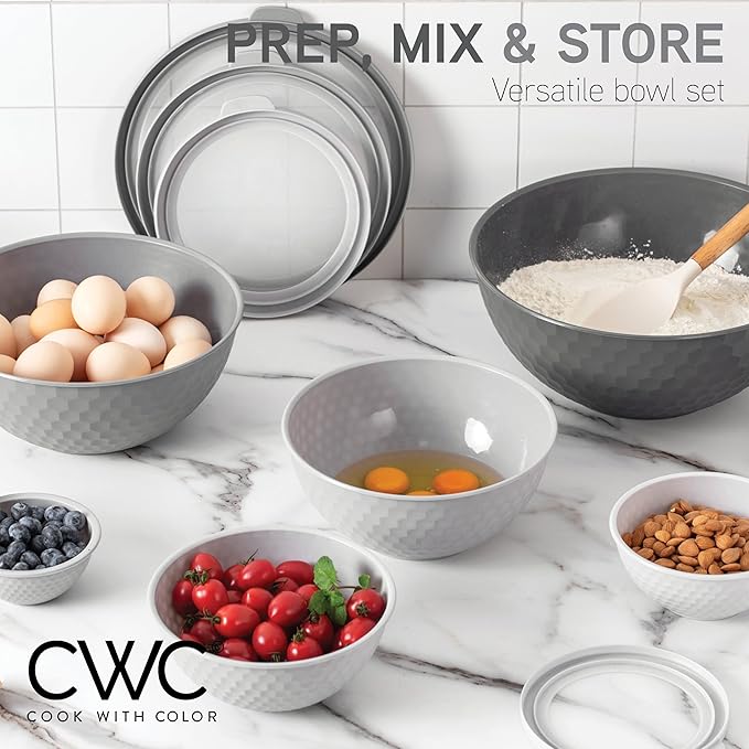 COOK WITH COLOR Mixing Bowls with Lids - 12 Piece Plastic Nesting Bowls Set includes 6 Prep Bowls and 6 Lids, Microwave Safe Mixing Bowl Set, Grey Embossed