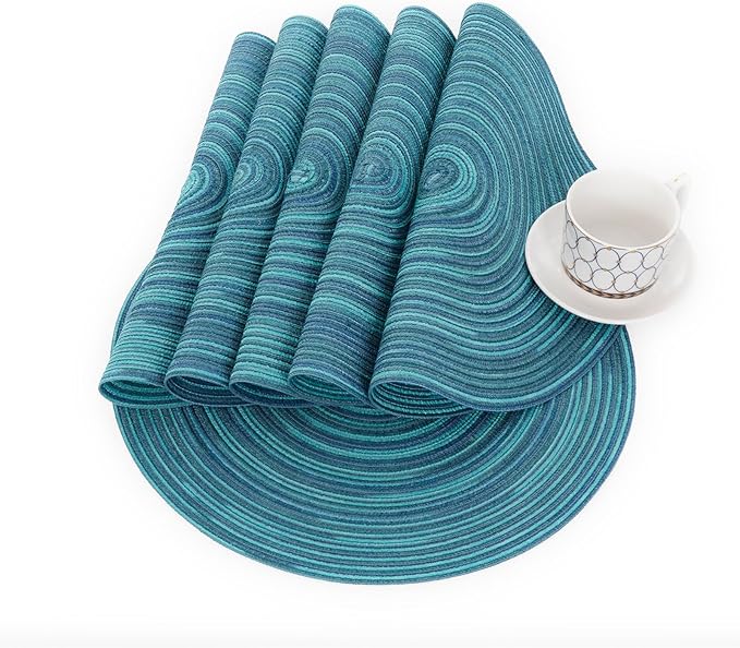 SHACOS 15 inch Round Placemats Set of 8 Variegated Multicolor Place Mats Cotton Polyester Braided Non Slip Washable Heat Resistant Table Mats for Home Wedding Dinner Party Table Decor, Rainbow Teal