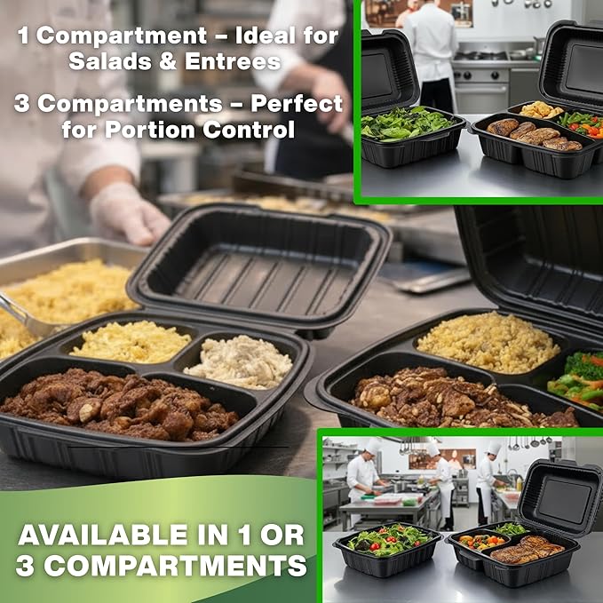 Hinged Take-Out Containers 6″ x 6″ BPA Free, Clamshell To Go Boxes Recyclable, Microwave & Freezer Safe Food Storage Boxes for Restaurants, Catering - Cake Slice Container - Black