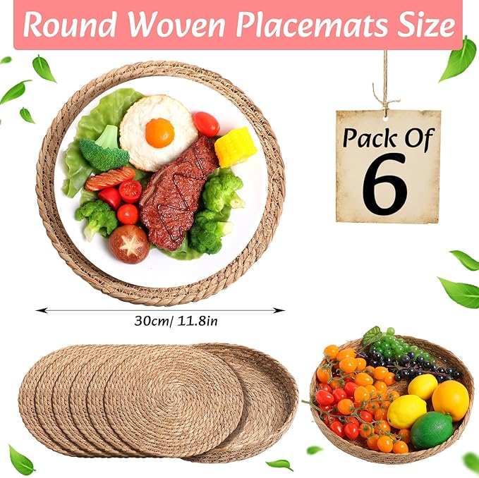 Boho Placemats 4/6/8 Set of Round Woven Placemat Macrame Style Bicolor Stitching Long Table Runner Farmhouse Rustic Natural Burlap Cotton for Kitchen Dining Table(6 Sets,Pink,12x72)
