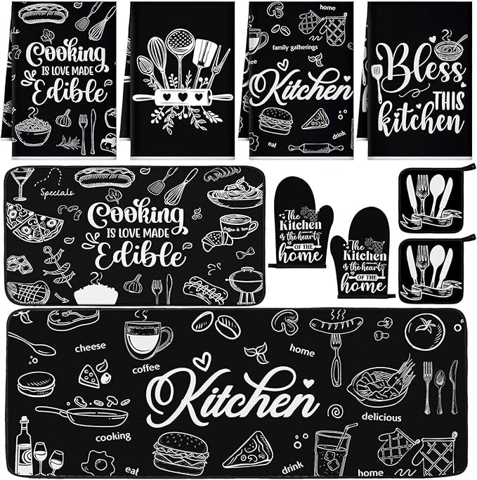 Fourluoo 10 Pcs Black Kitchen Decor and Accessories Black Kitchen Towels Rugs Oven Mitts and Pot Holders Set Gloves Vintage Potholders for Baking Cooking Chef