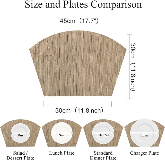 SHACOS Wedge Shape Placemats Set of 4 Woven Vinyl Placemat for Round Table Curved Place Mats Wipe Clean Kitchen Dining Table Mats (4, Tan)