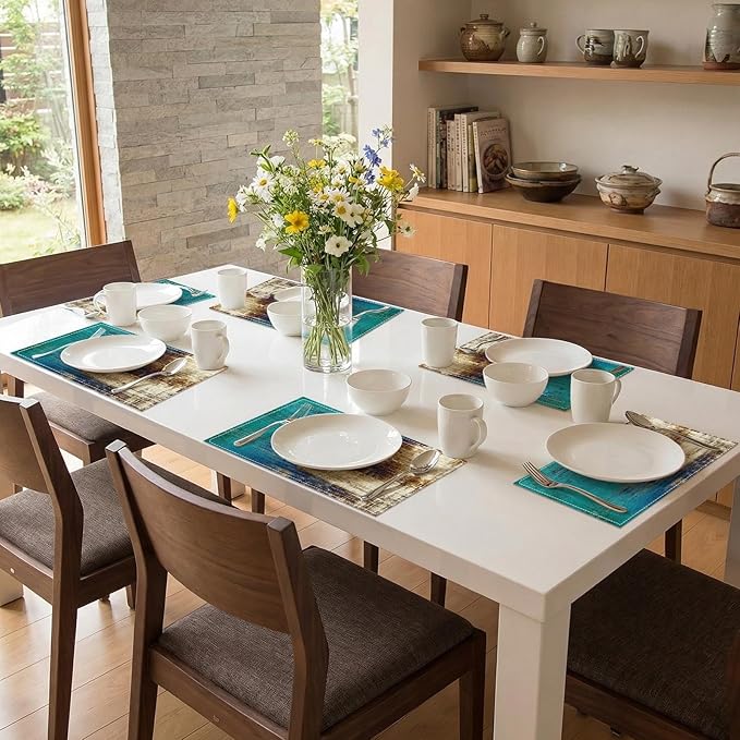 Emvency Farmhouse Placemats Set of 6, Abstract Teal Coastal Rustic 12x18 Inch Linen Rectangular Place Messy Rust Vintage Table Mats for Indoors & Outdoor Home Party Kitchen Dining Decoration