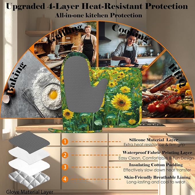 Vintage Sunflower Oven Mitts and Pot Holders Sets Flower Oil Painting Silicone Heat Resistant Kitchen Oven Gloves Pot Holder for Cooking Baking Grilling BBQ