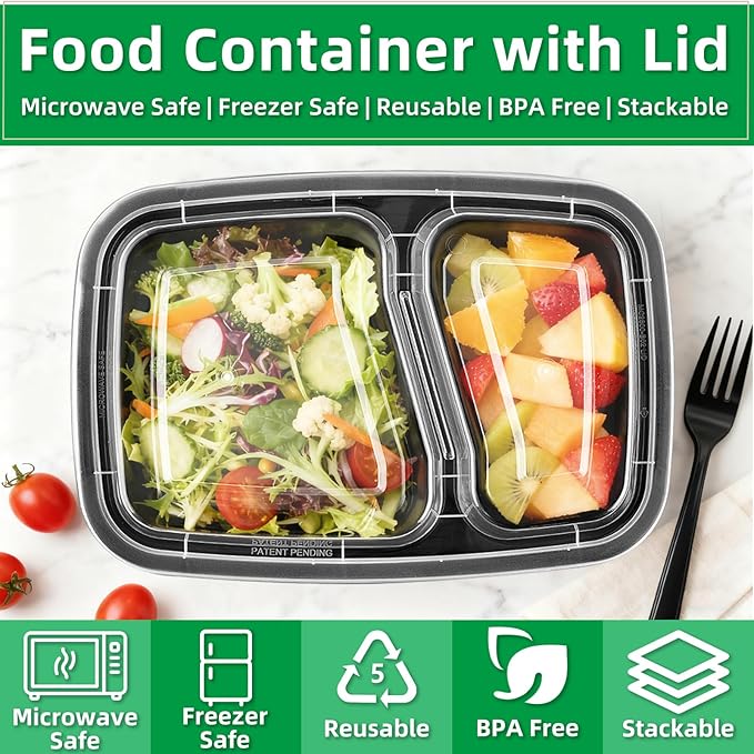 Meal Prep Containers 2 Compartment 30 Pack, 26 oz Divided Reusable Food Storage Containers with Lids Takeout Food Storage Containers Black, Microwave Dishwasher Freezer Safe, Stackable, BPA Free