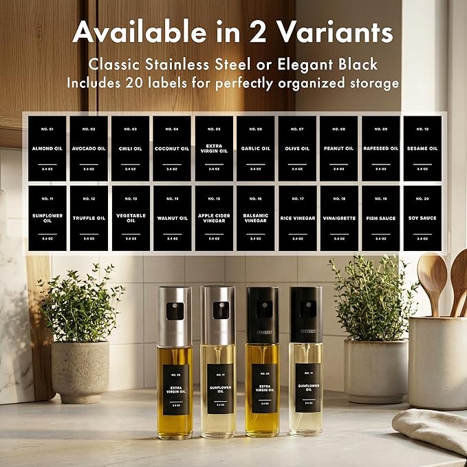 EDELHAUS Oil Sprayer Set of 2 Oil Spray Bottle Made of Stainless Steel & Glass, for Healthy Cooking, Sprayer for Precise Dosage, for Cooking Oil & Vinegar Including (Black Lids, 2 Pack)