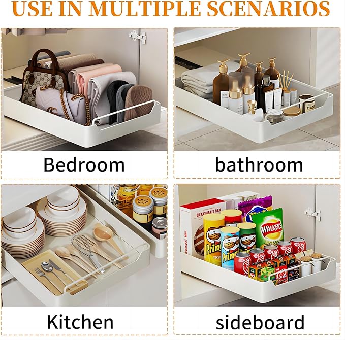 Pull Out Cabinet Organizer Fixed With Adhesive Nano Film, Heavy Duty Sliding Basket Drawer for Kitchen Under Sink, Pantry, Bathroom - 1 Pack