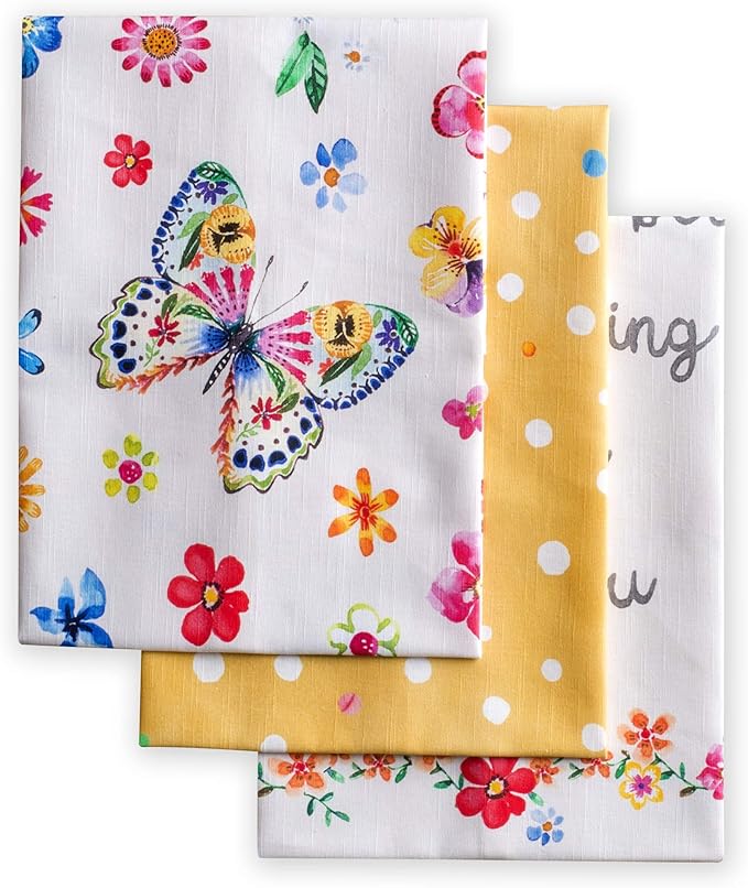 Maison d' Hermine Kitchen Towels Set of 3 100% Cotton 27.50" x 20" Reusable Cloth Dish Towels Absorbent with Hanging Loop for Kitchen Gifts for Mothers Day Spring/Summer (Happy Florals - Sweety)