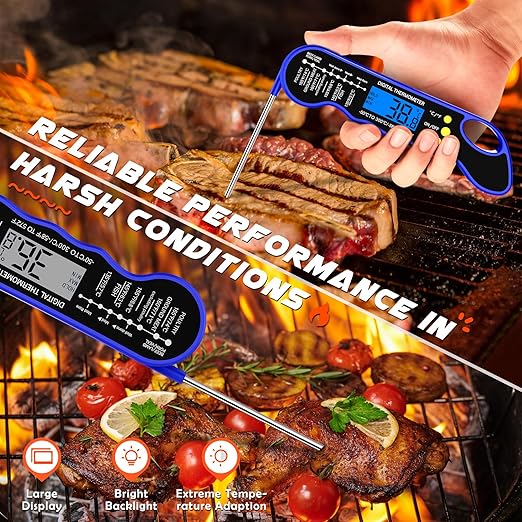 TRAUSI Instant Read Meat Thermometer, Fast & Accurate Digital Food Thermometer with Backlight, Waterproof & Magnet for Grilling, Cooking, BBQ, Smoker, Baking, and Candy Making Blue
