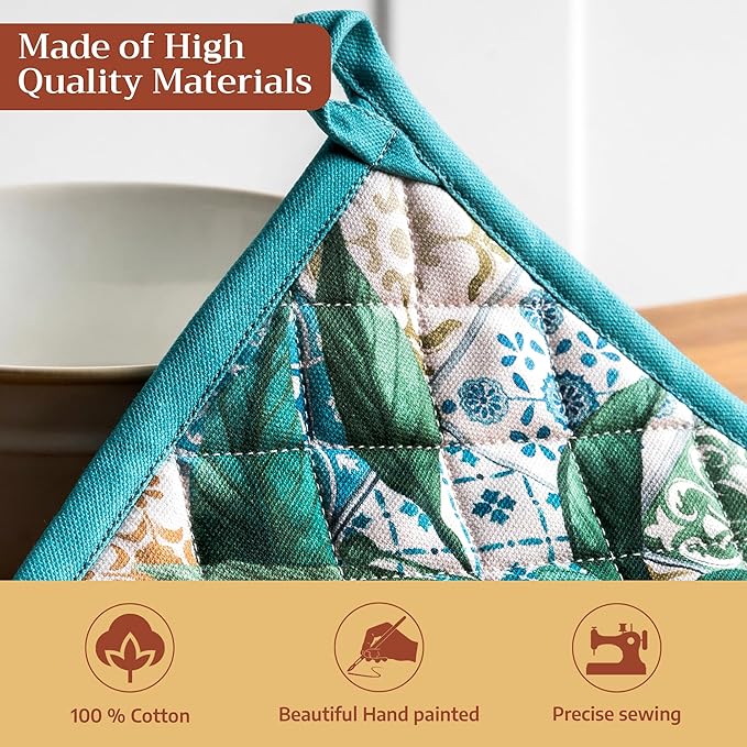 Maison d' Hermine Pot Holders 100% Cotton Heat Resistant Potholders 8" x 8" Hot Pads with Loop BBQ Cooking Baking Gifts for Mothers Day Handling Hot Pans Spring/Summer (Pack of 2, Agrume)