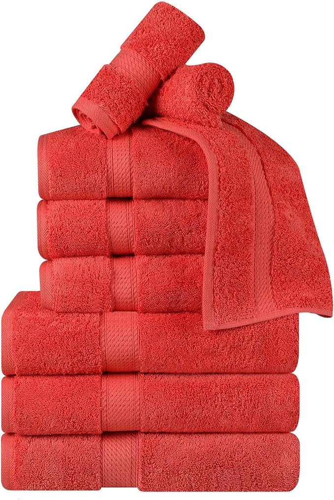 Superior Egyptian Cotton Pile 9 Piece Towel Set, Includes 3 Bath, 3 Hand, 3 Face Towels/Washcloths, Ultra Soft Luxury Towels, Thick Plush Essentials, Guest Bath, Spa, Hotel Bathroom, Coral