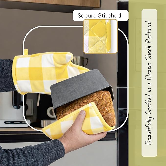 Native Fab Buffalo Plaid Check Oven Mitts and Pot Holders Set of 4, 100% Cotton Heat Resistant Kitchen Gloves, 2 Oven Mitts (7x13), 2 Pot Holders (8x8) for Cooking & Baking, Lemon Yellow White