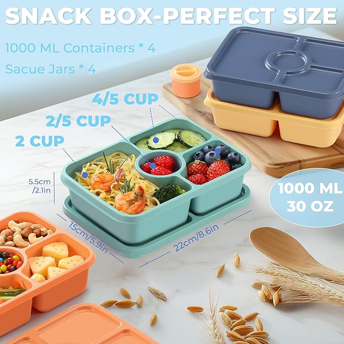 Bento Snack Box Containers, Reusable Meal Prep Lunch Containers for Adults Kids, Stackable Bento Snack Box 4 Pack, Divided Lunchable Food Storage Containers with Sauce Container, Orange Yellow