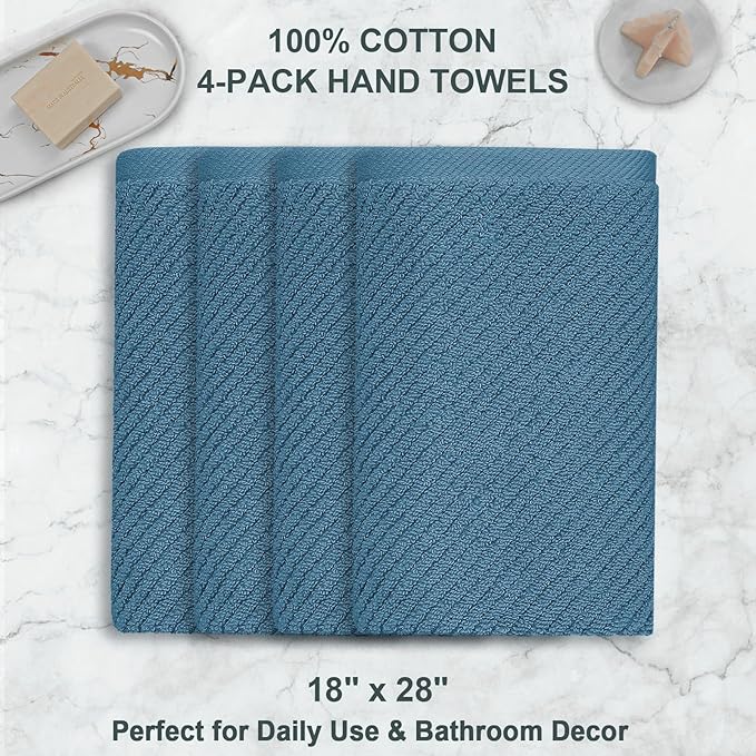 VOOVA & MOVAS Hand Towels for Bathroom Set of 4, Large 18" x 28", 100% Cotton | Lightweight | Thick | Quick Dry | Soft | Absorbent, Bath Hand Towels for Bathroom, Towel Gift Set, Dark Blue