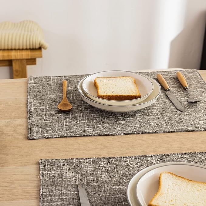 Kevin Textile Burlap Linen Placemats Set of 6 Heat Resistant Dining Table Place Mats Washable Kitchen Table Mats for Dinning Party Holiday Indoor Outdoor, 13 x19 inches, Sesame Grey