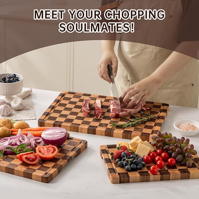 Checkered Cutting Boards for Kitchen, Wooden Cutting Board Set, Acacia Chopping Board with Juice Grooves & Handles, Butcher Block Serving Tray for Meat, Vegetables and Fruits, 3pcs