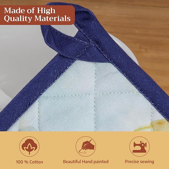 Maison d' Hermine Pot Holders 100% Cotton Heat Resistant Potholders 8" x 8" Hot Pads with Loop Cooking Baking Gifts for Mothers Day Handling Hot Pans Spring/Summer (Pack of 1, Lazy Summer Days)