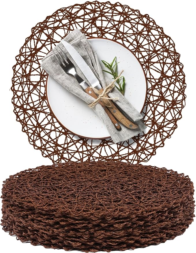 AHHFSMEI Paper Braided Round Placemats Set of 12 Natural Non-Slip Heat Resistant Table Mats for Dining Tables Woven Indoor & Outdoor Place mats(Coffee,12)