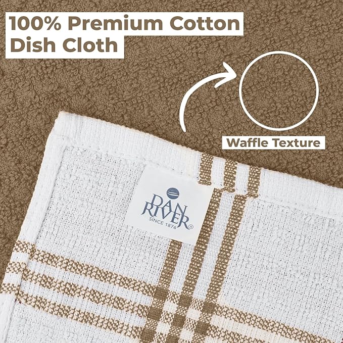 DAN RIVER Premium Dish Cloth 100% Cotton 12 X 12 Inches |Pack of 8|-Ultra Soft Tea Towels-Highly Absorbent Kitchen Rags-Terry Dishcloth for Kitchen and Household Cleaning |Tan|
