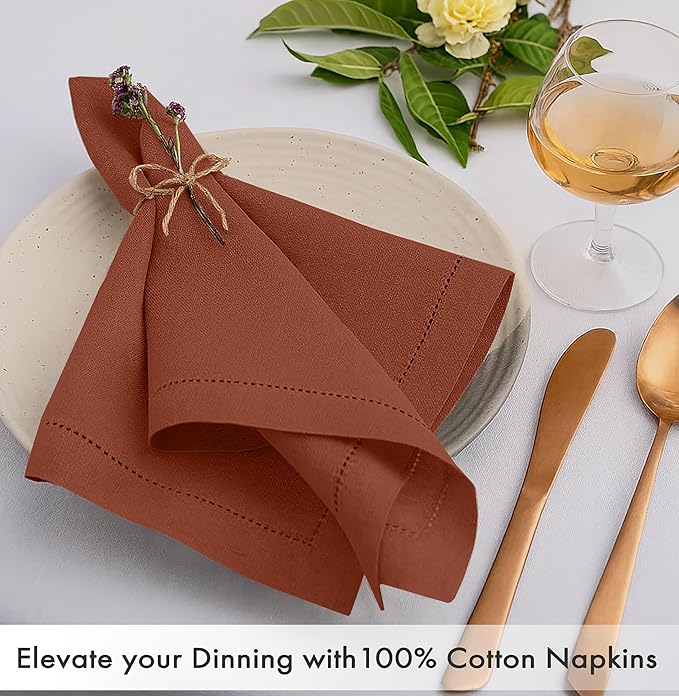 Ruvanti Cloth Napkins Set of 12, 100% Cotton High GSM 18x18 Inches, Hem Stitched Corners, Soft, Washable, Highly Durable & Absorbent, Perfect for Parties, Christmas, Thanksgiving Dinners – Rust
